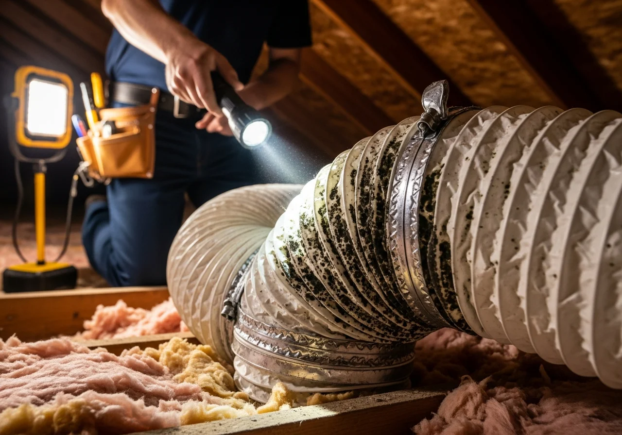 HVAC duct inspection revealing mold contamination inside ductwork of a Cornelius NC home from condensation and humidity