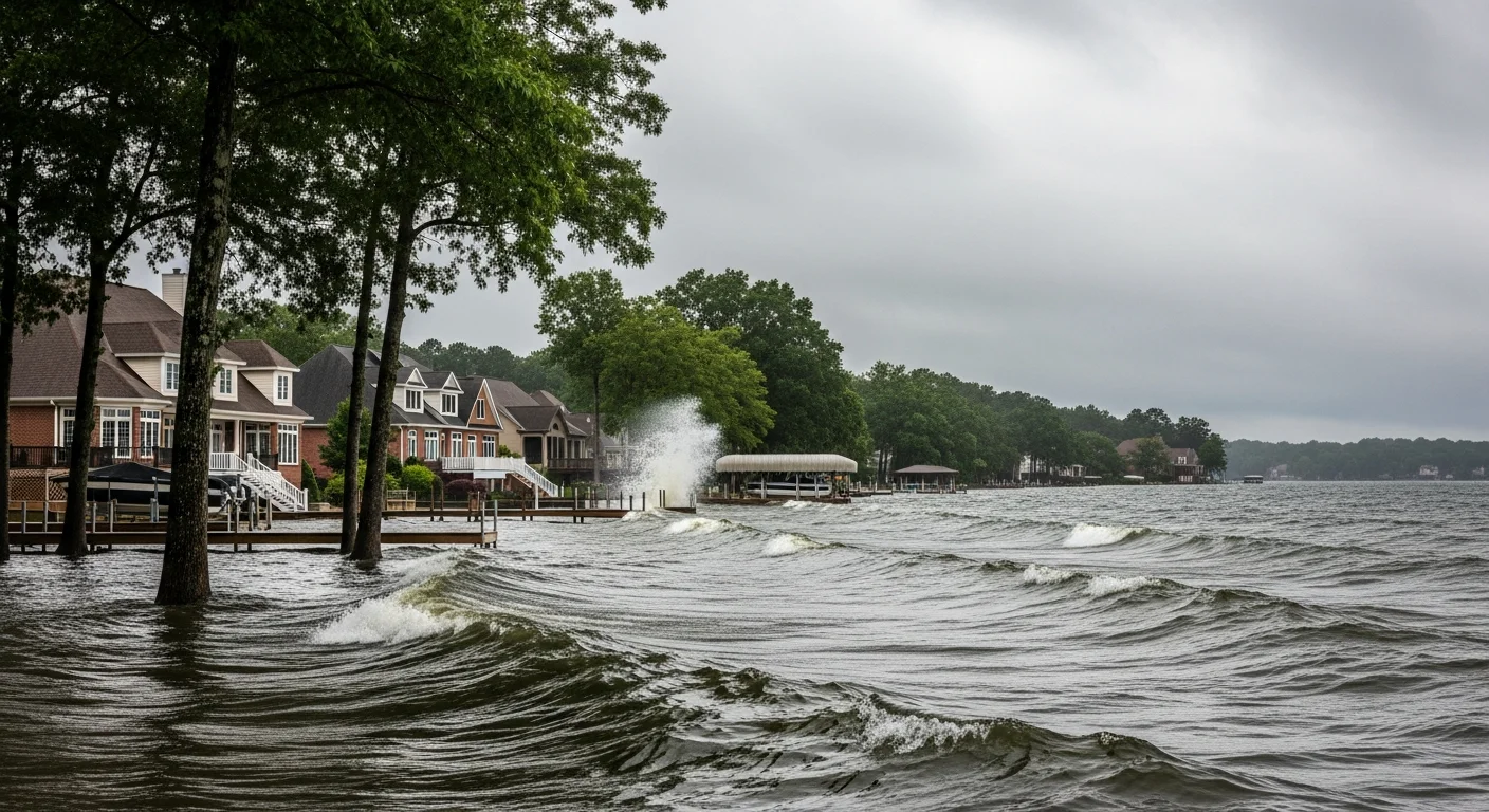 Lake Norman high water levels near Cornelius NC shoreline with residential properties visible and storm clouds overhead