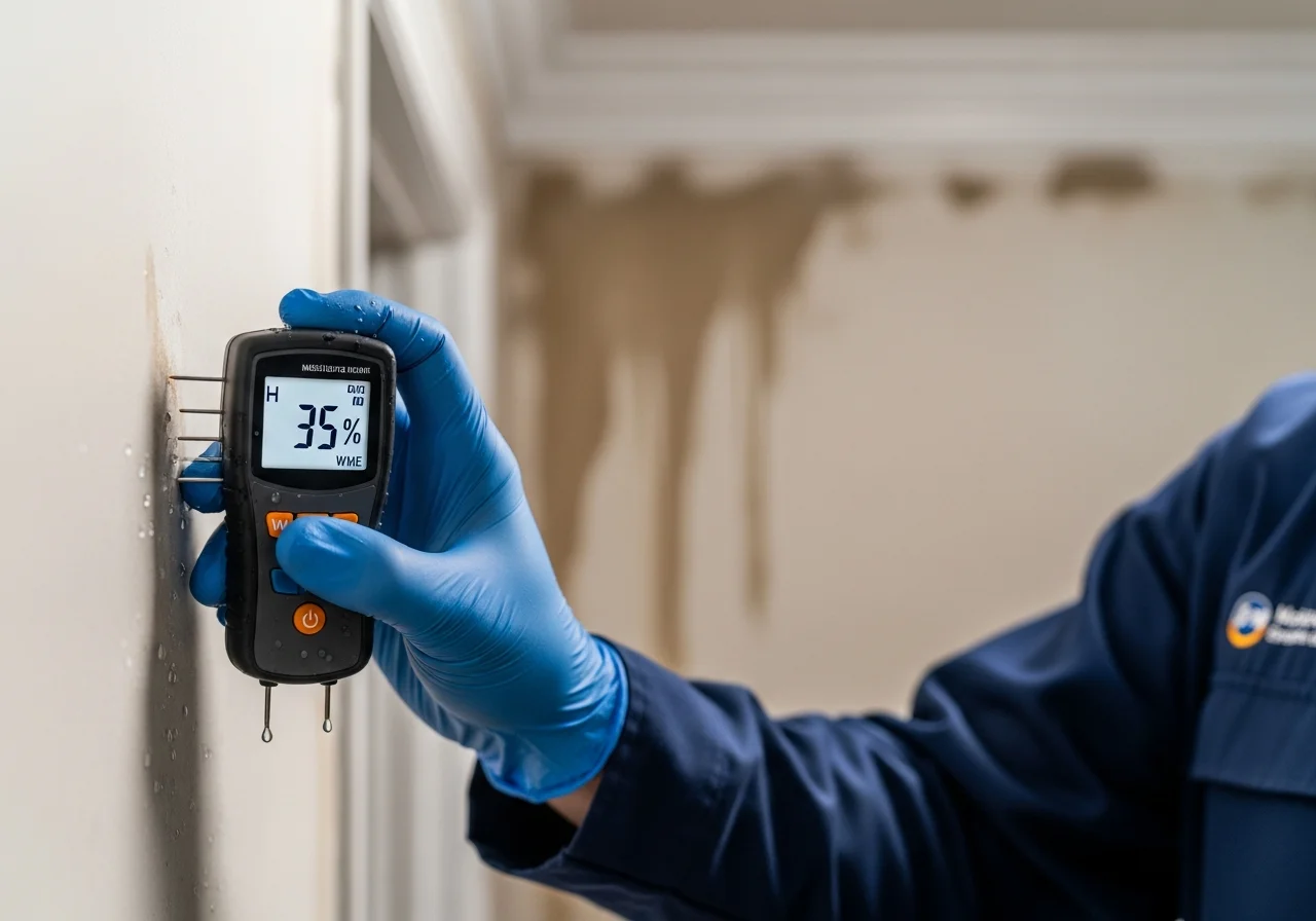 Palm Build technician using a pin-type moisture meter on drywall to detect hidden water damage in a Cornelius NC home
