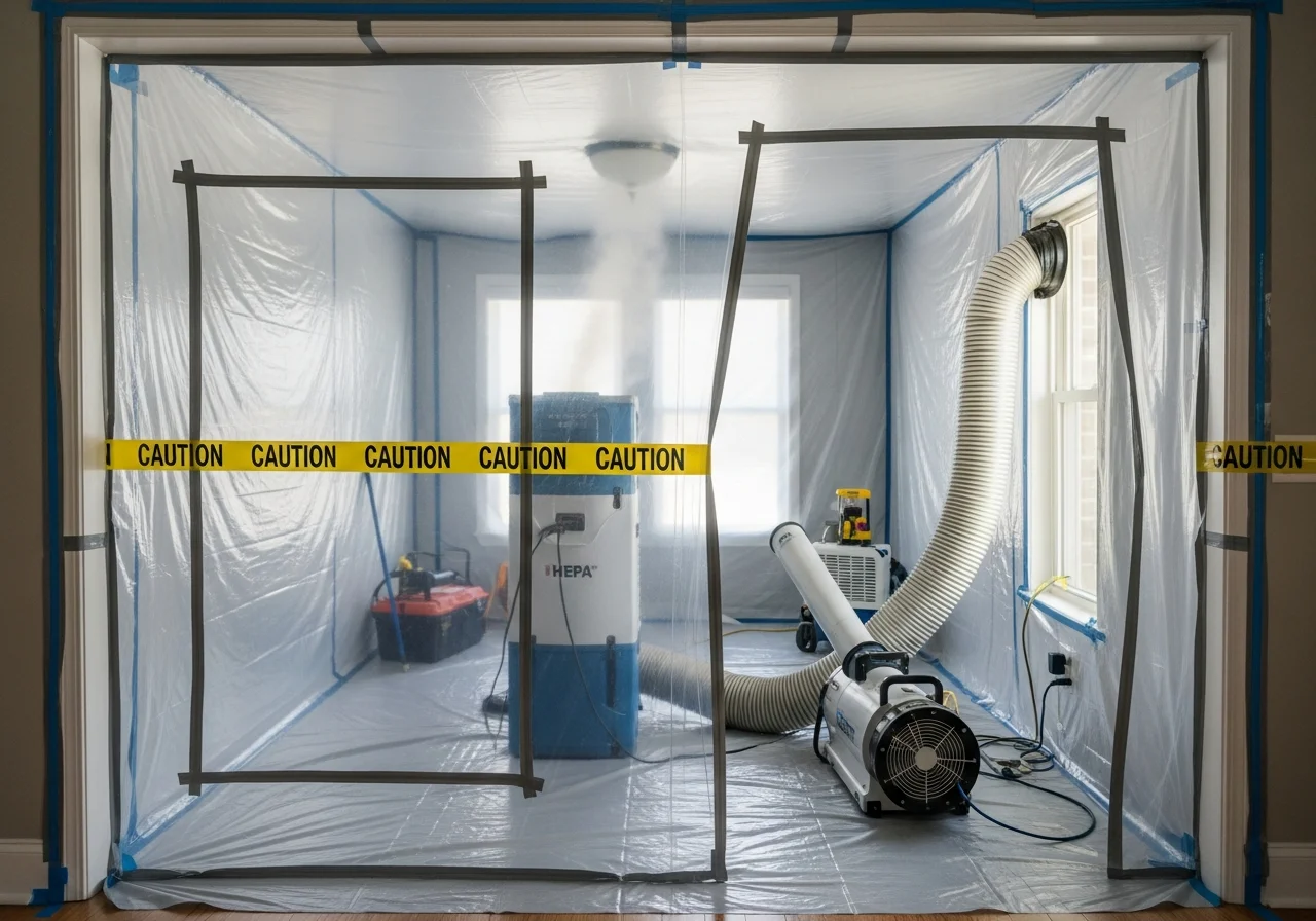 Palm Build technician setting up mold remediation containment in a Cornelius NC home with polyethylene sheeting and negative air machine