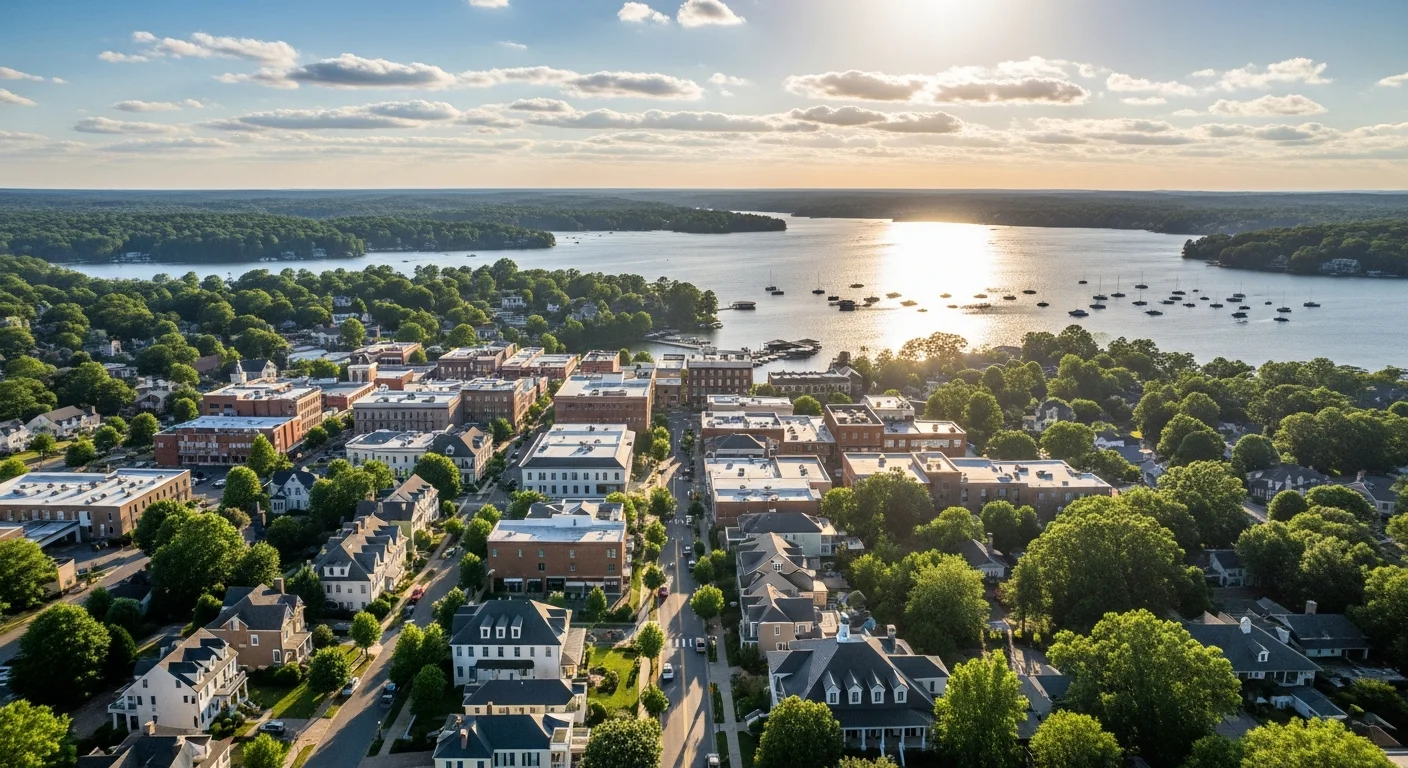 Aerial view of Cornelius North Carolina and Lake Norman waterfront with Georgian and Craftsman style homes in planned subdivision communities