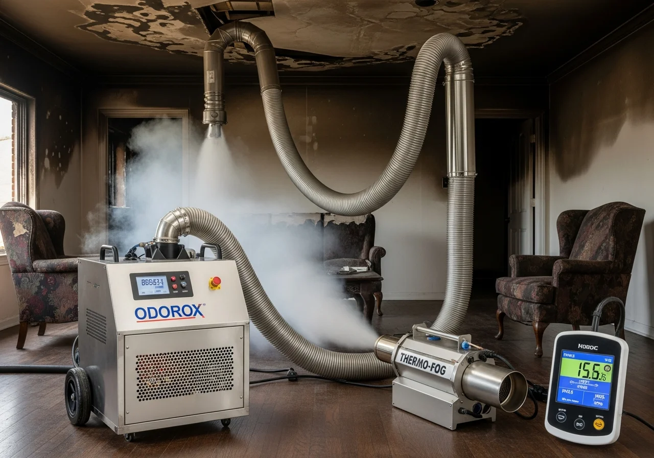 Professional smoke odor elimination equipment deployed in a Cornelius NC home including thermal fogger and hydroxyl generator