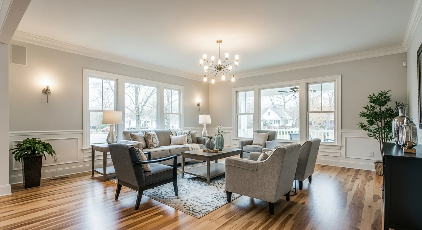 Beautifully restored living room in a Cornelius NC home after fire damage reconstruction with new finishes