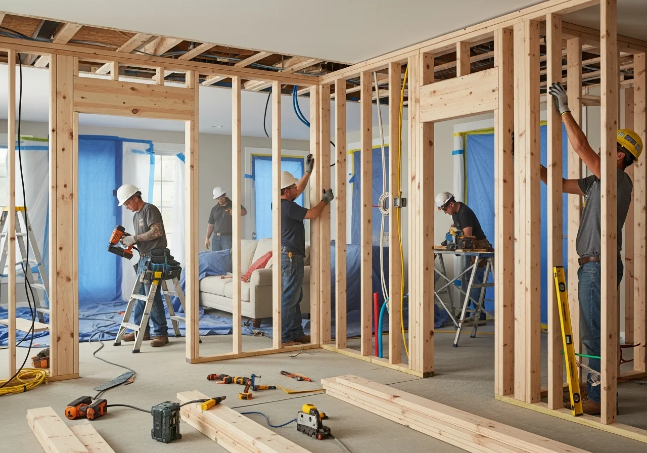 Reconstruction framing progress in a Cornelius NC home showing new structural lumber and updated electrical during a full rebuild