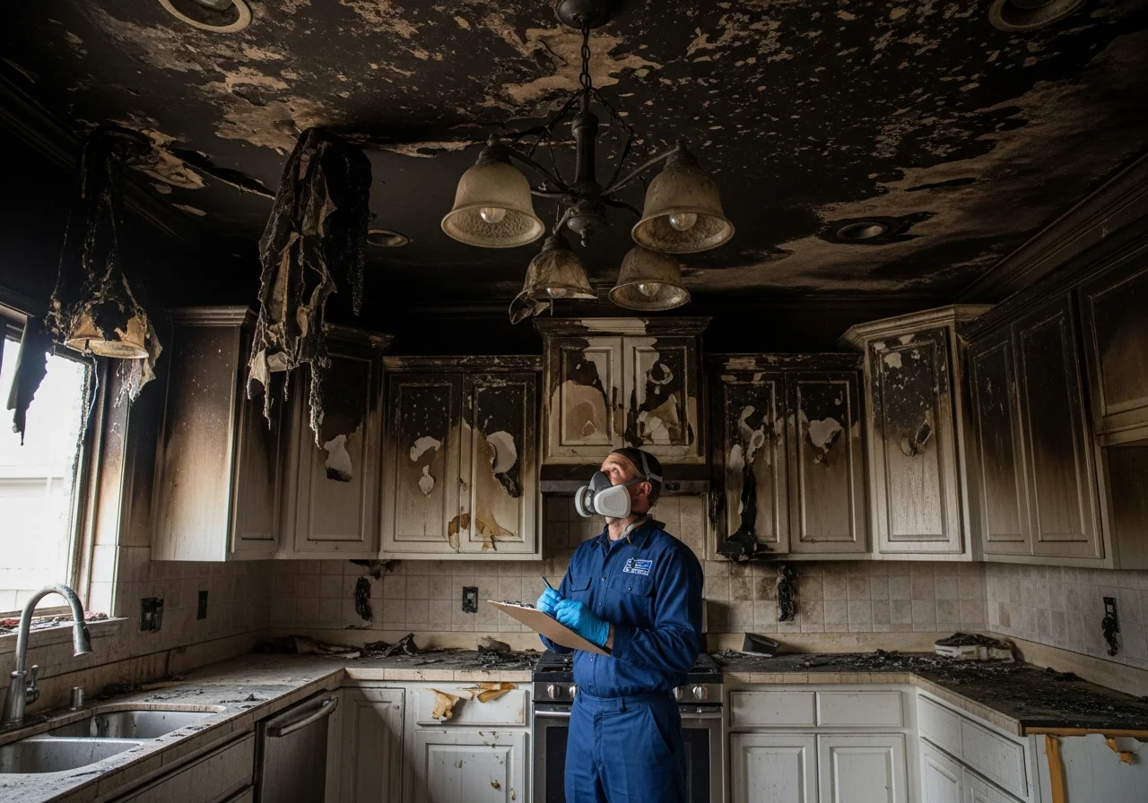 Fire and smoke damage assessment in a Cornelius NC kitchen showing soot deposits on cabinets and ceiling in a subdivision home