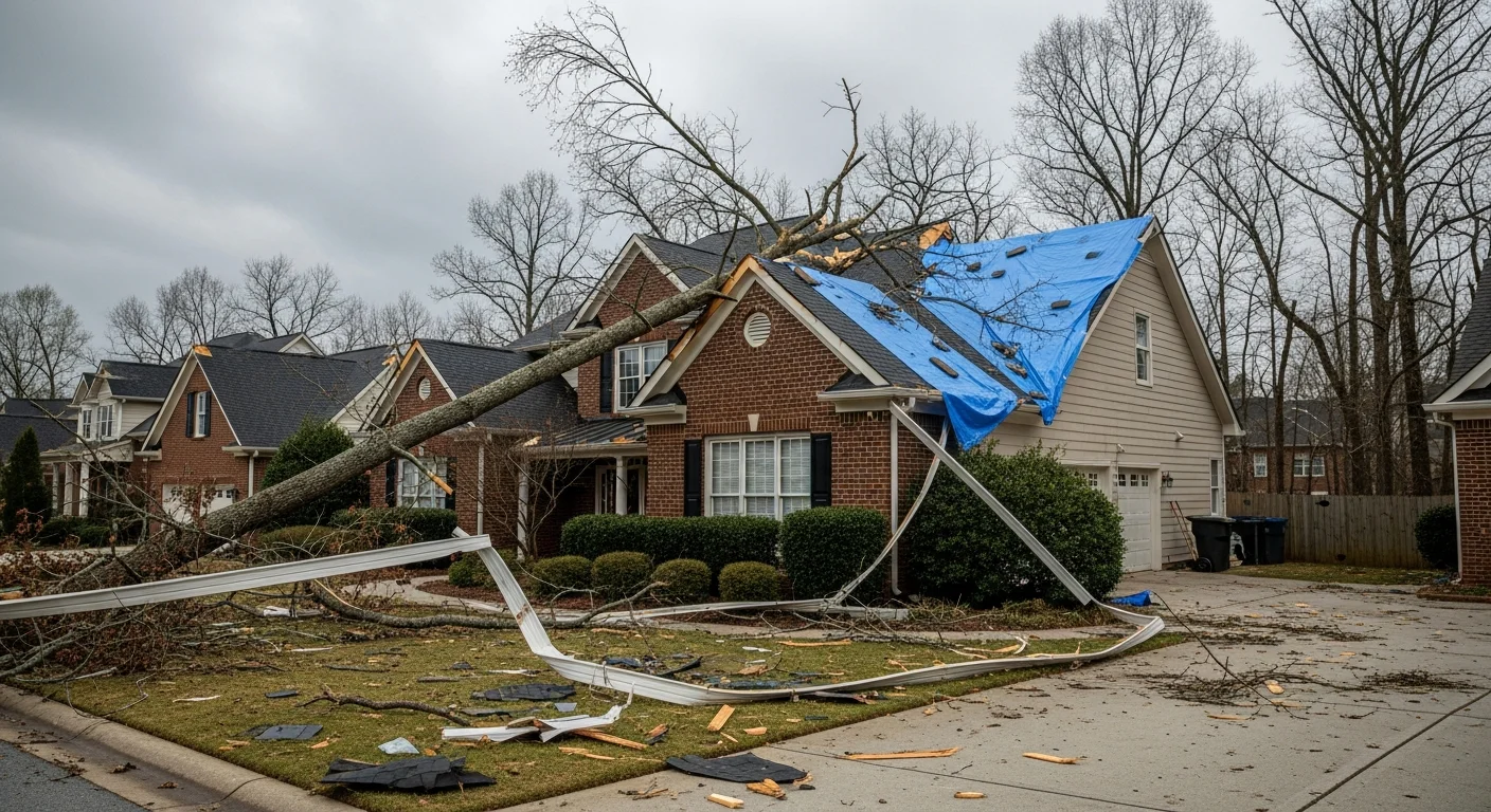 Storm damage from fallen tree on residential roof in a Cornelius NC Lake Norman subdivision showing shingle and structural damage