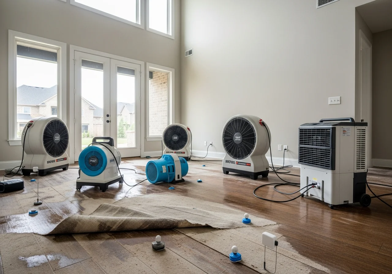 Structural drying equipment deployed in a water-damaged Cornelius NC home near Lake Norman with commercial dehumidifiers and air movers