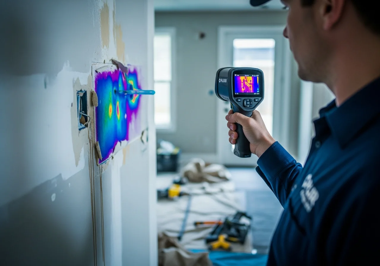 Thermal imaging reveals hidden moisture in walls of a Lake Norman area home in Cornelius NC with blue cold spots indicating water presence