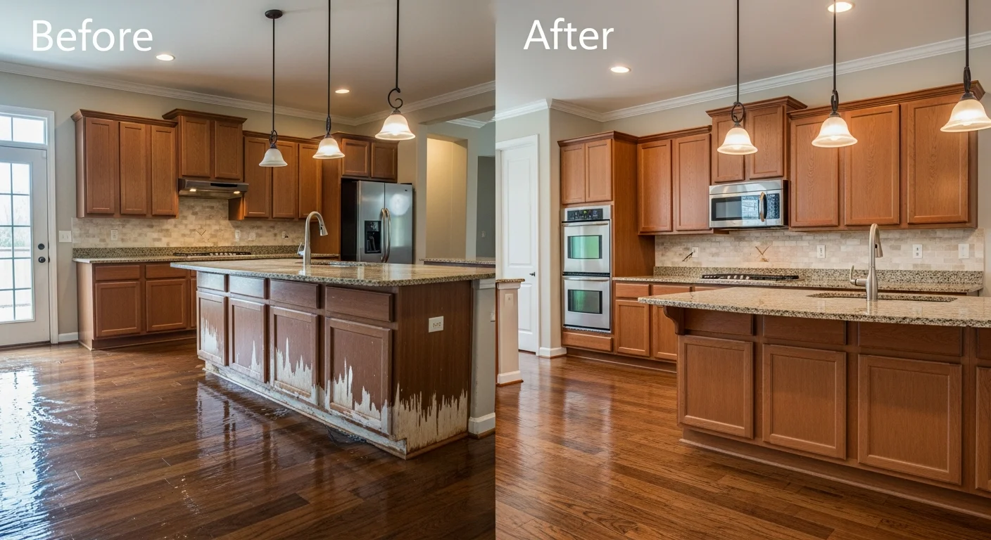 Kitchen water damage restoration in a Cornelius NC subdivision home showing before and after comparison of flooring and cabinetry repair