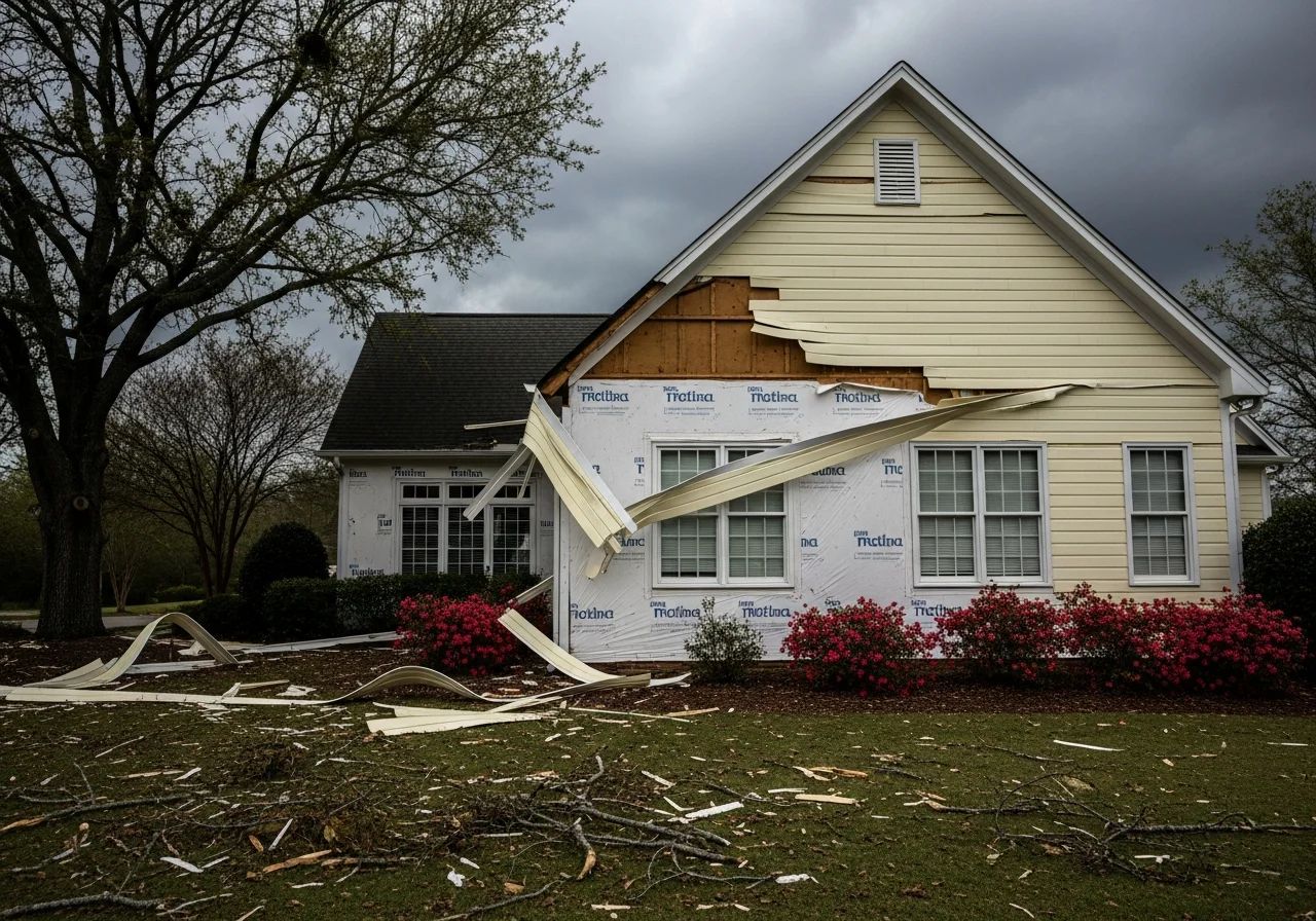 Wind damage to vinyl siding on a Cornelius NC subdivision home after a severe storm with exposed house wrap visible