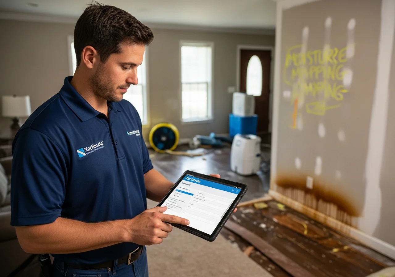 Palm Build project manager reviewing Xactimate insurance documentation for a Cornelius NC restoration project