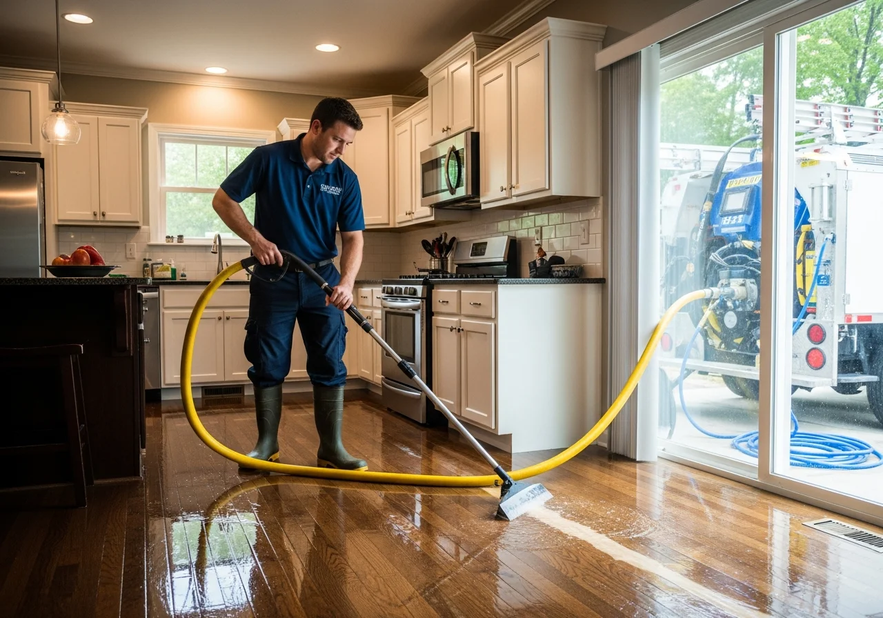 Palm Build technician performing emergency water extraction in a Cornelius NC home near Lake Norman