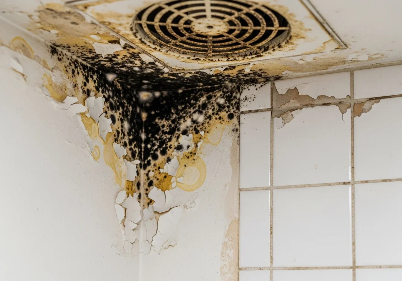 Close-up of bathroom mold growth on wall and ceiling in a Dallas NC home showing advanced moisture damage