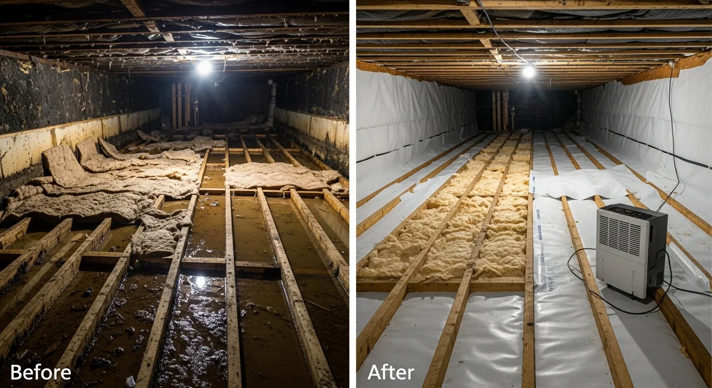 Before and after mold remediation in a crawl space beneath a Dallas NC home showing treated floor joists and clean surfaces