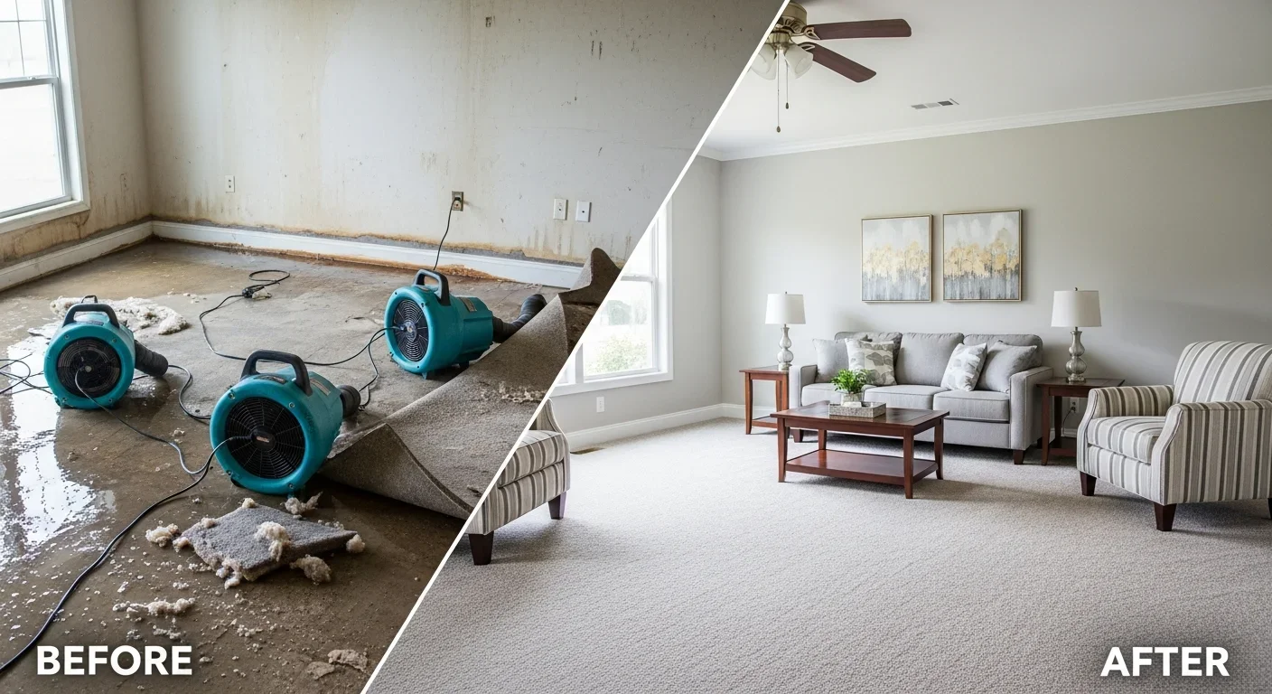 Before and after water damage restoration in a Dallas NC living room showing waterlogged carpet transformed to fully restored space