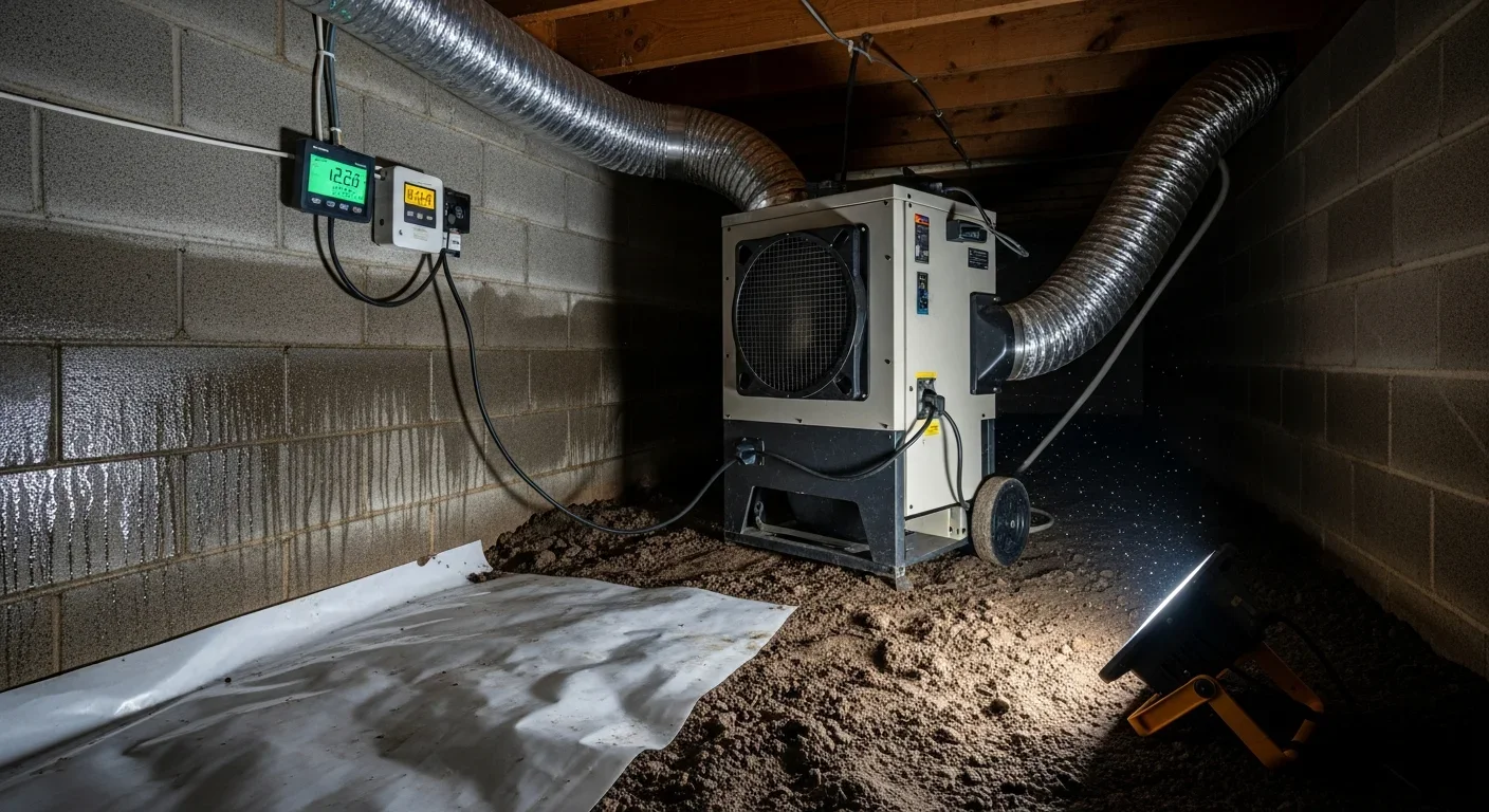 Post-remediation dehumidification equipment with vapor barrier installed in a Dallas NC crawl space