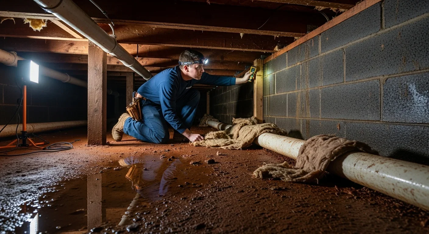 Palm Build technician inspecting crawl space moisture and mold conditions under a Dallas NC home