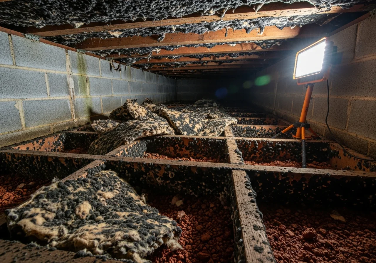Severe mold growth on crawl space floor joists in a Dallas NC home with red clay soil visible below