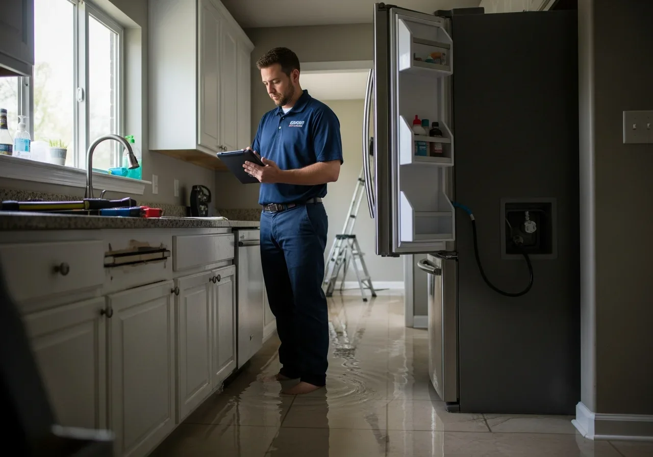 Palm Build technician documenting water damage on a digital tablet for insurance claims in a Dallas NC home