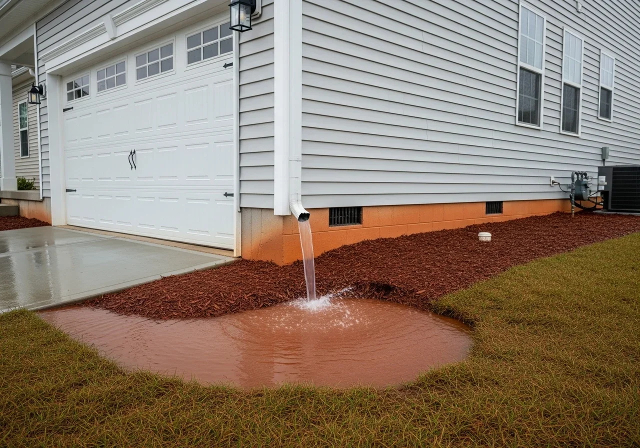 Disconnected downspout dumping water against foundation of a newer subdivision home in Dallas NC with clay soil pooling