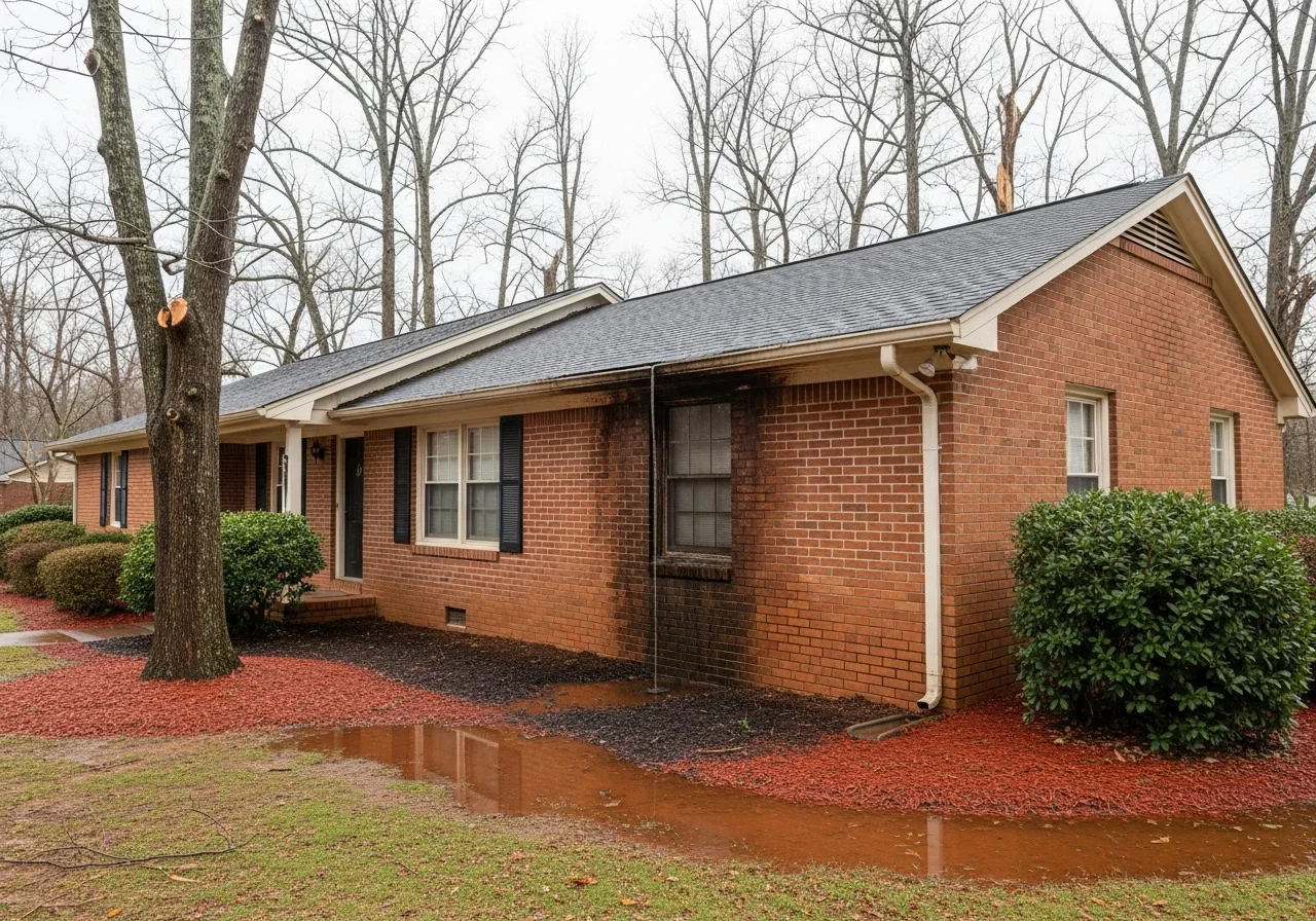 Exterior of a brick ranch home in Dallas NC showing water staining from a damaged gutter on the brick wall