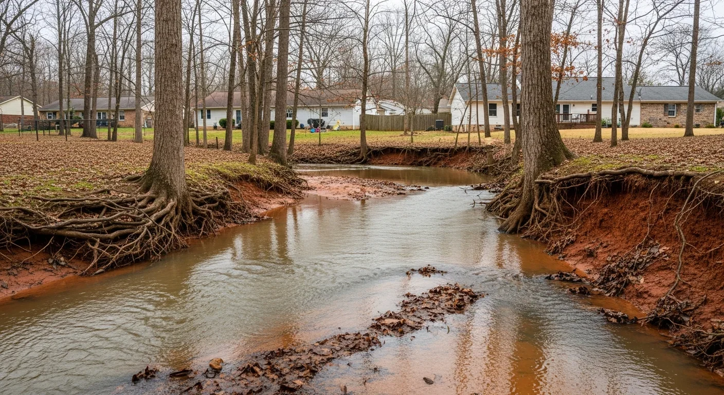 Long Creek tributary flowing through a wooded residential area near Dallas North Carolina with elevated water levels after rainfall