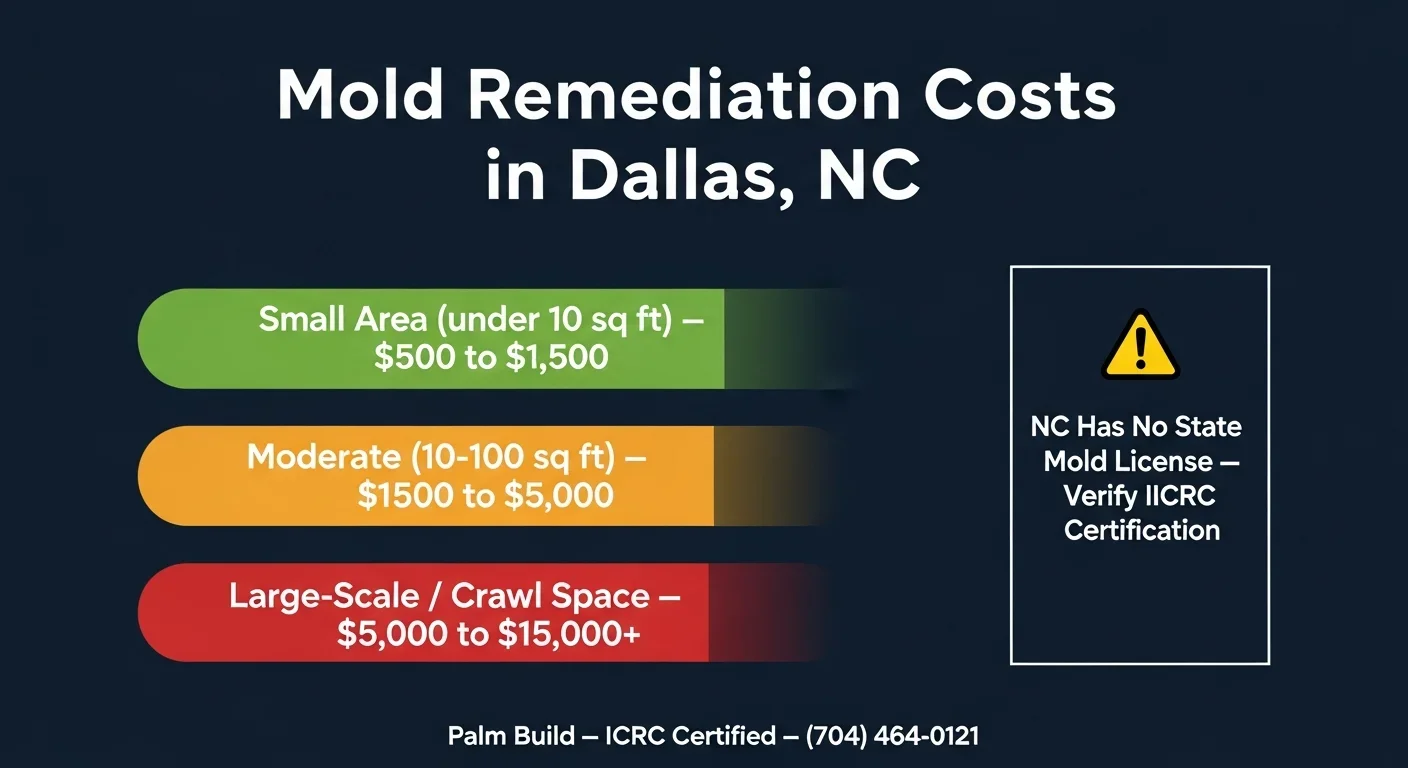 Mold remediation cost breakdown infographic for Dallas NC showing small, moderate, and large project pricing tiers