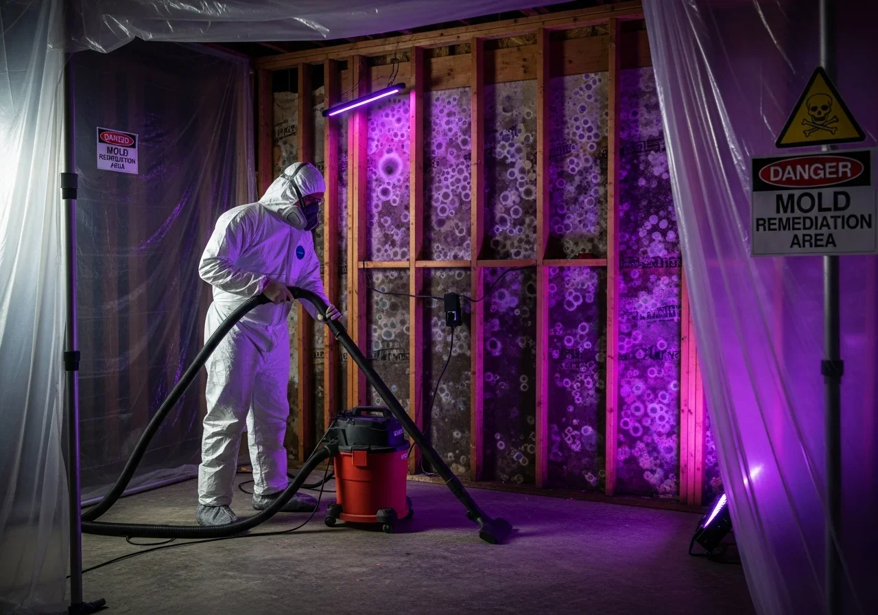 HEPA vacuuming inside full containment during mold remediation in a Dallas NC home