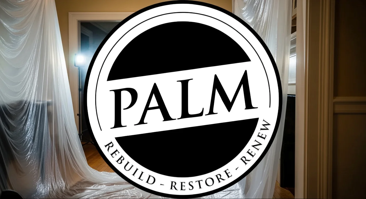 Palm Build mold remediation technician in full PPE setting up containment barriers inside a Dallas North Carolina home with hardwood floors and traditional trim work