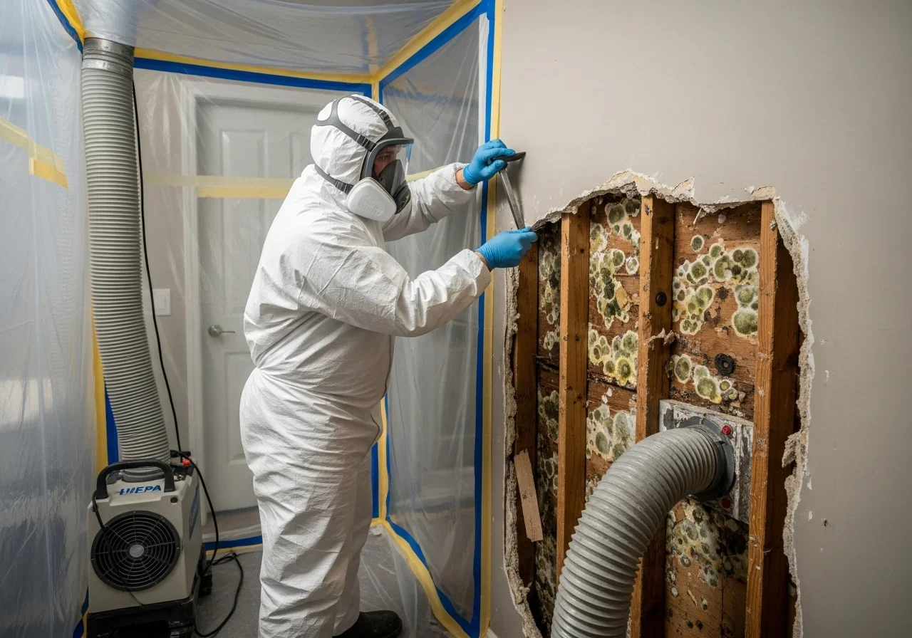 Professional mold remediation containment barrier and HEPA negative air setup in a Dallas NC home