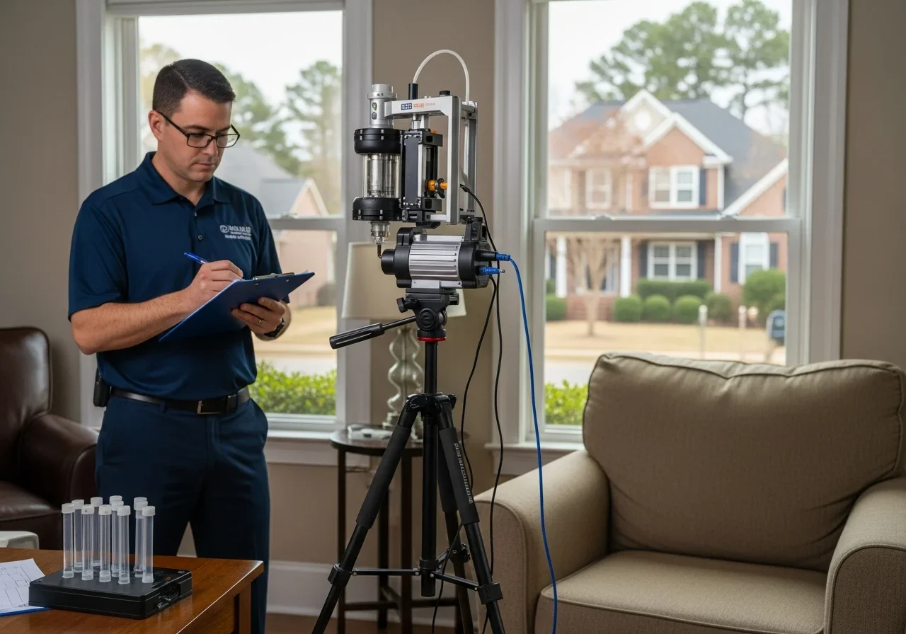 Palm Build technician performing mold testing and moisture assessment in a Dallas NC home for insurance documentation