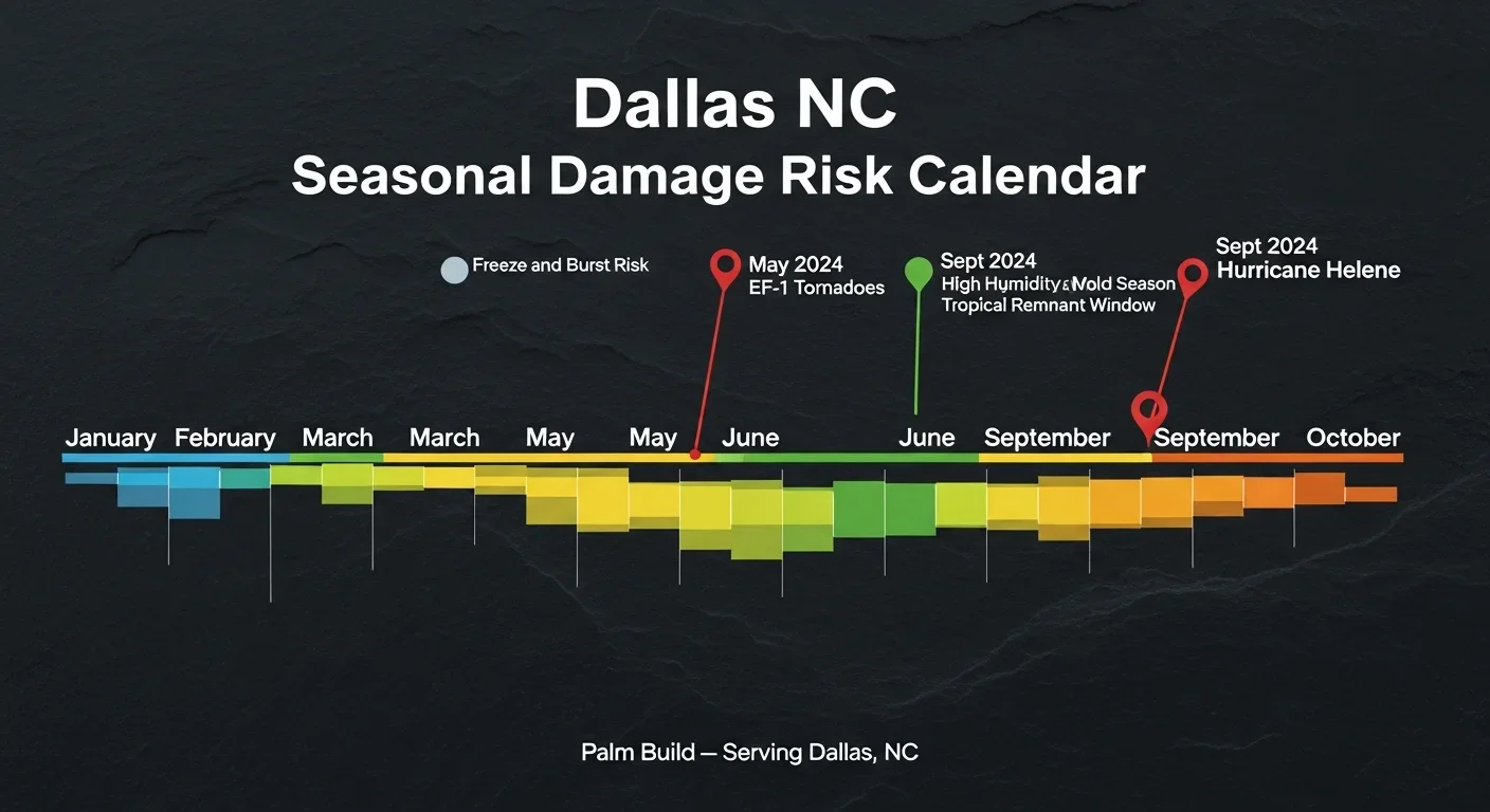 Seasonal damage risk calendar for Dallas NC showing monthly risk patterns with documented storm events marked