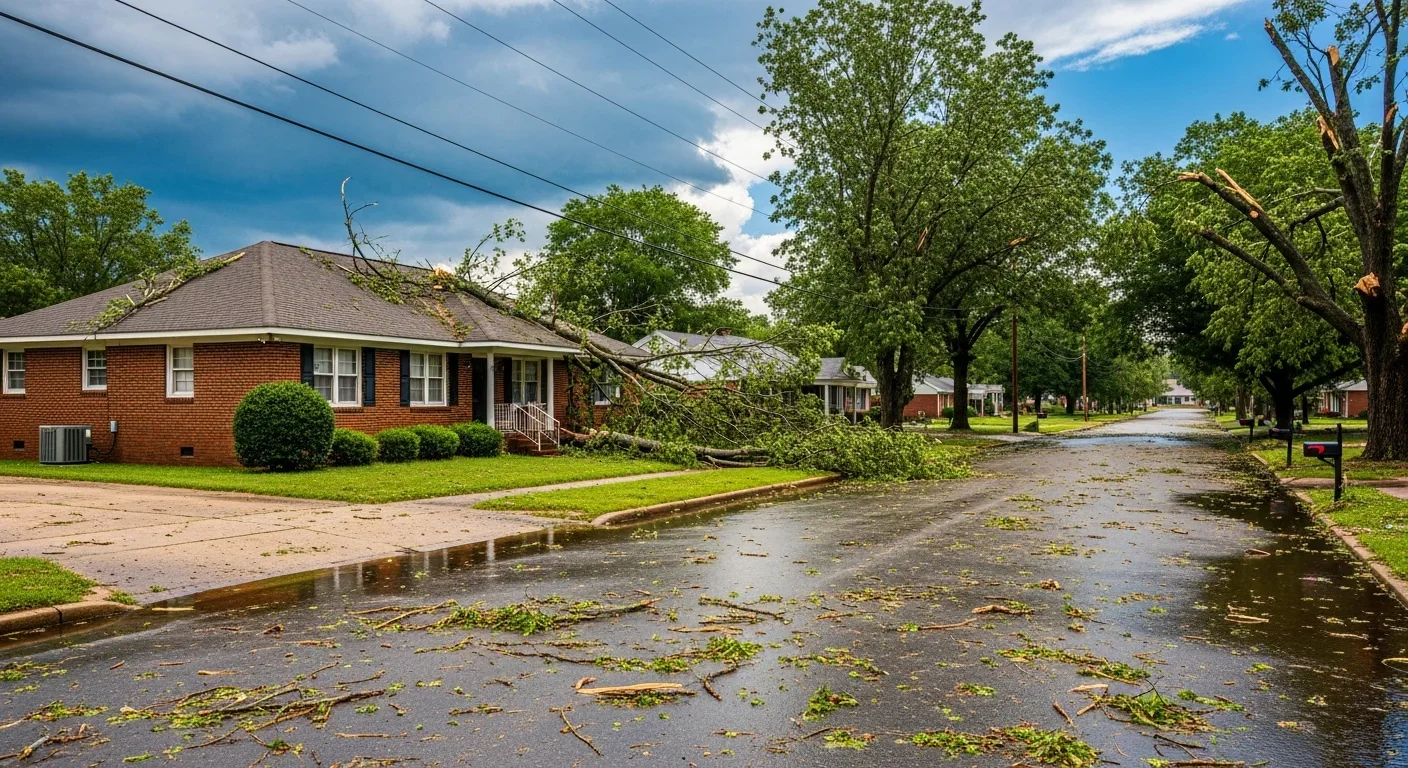 Dallas NC neighborhood street after a severe thunderstorm with downed tree limbs on a roof and debris on wet pavement