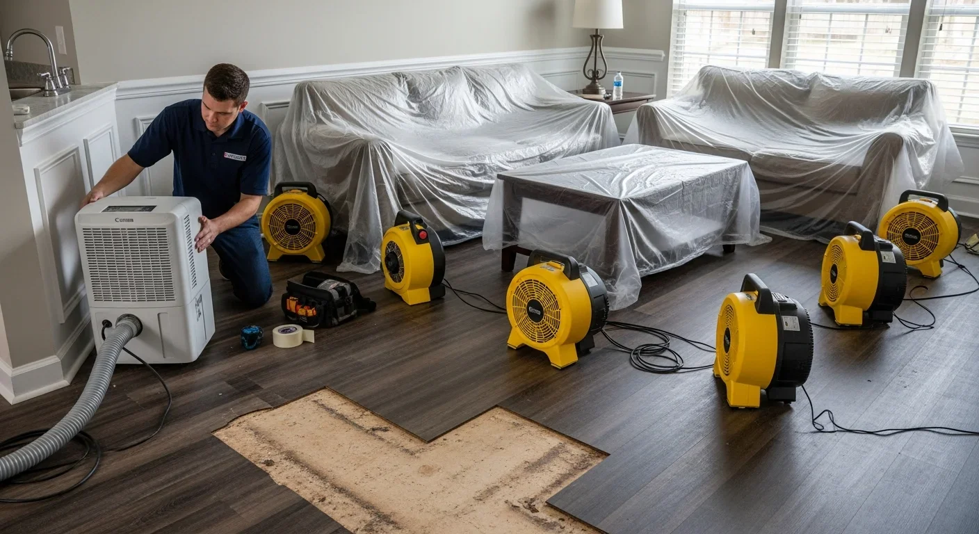 Commercial dehumidifiers and air movers set up for structural drying in a Dallas NC home by Palm Build restoration team