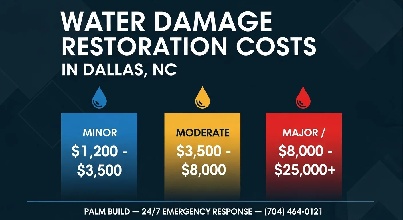 Water damage restoration cost breakdown for Dallas NC showing minor, moderate, and major damage price ranges