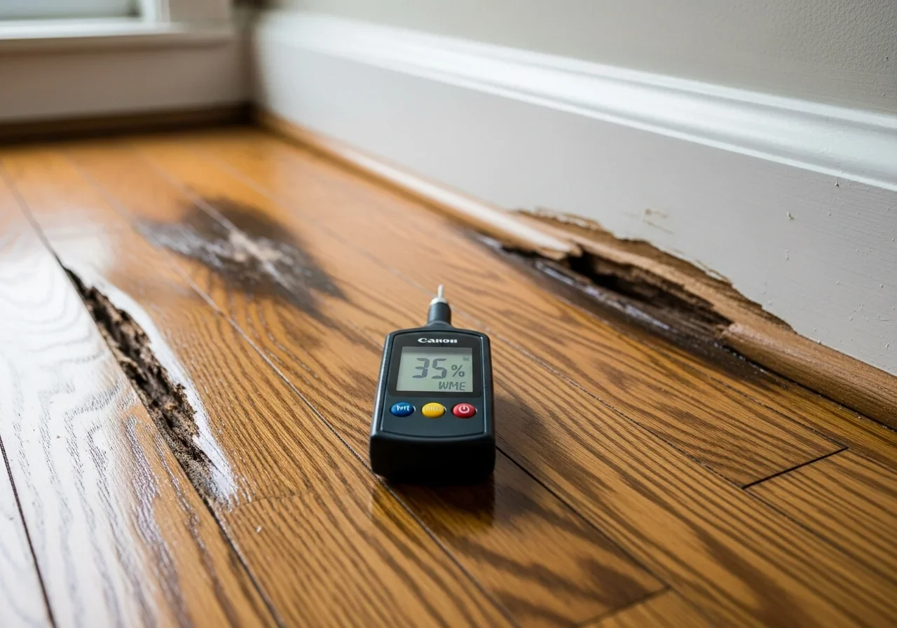 Water damage to hardwood floors in a Dallas NC home showing warping and buckling from moisture intrusion with a moisture meter reading
