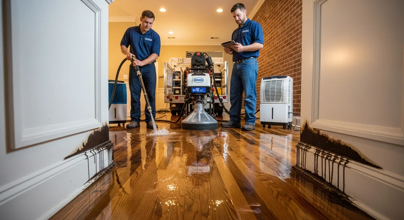 Palm Build technicians performing emergency water extraction in a Dallas NC home with commercial equipment