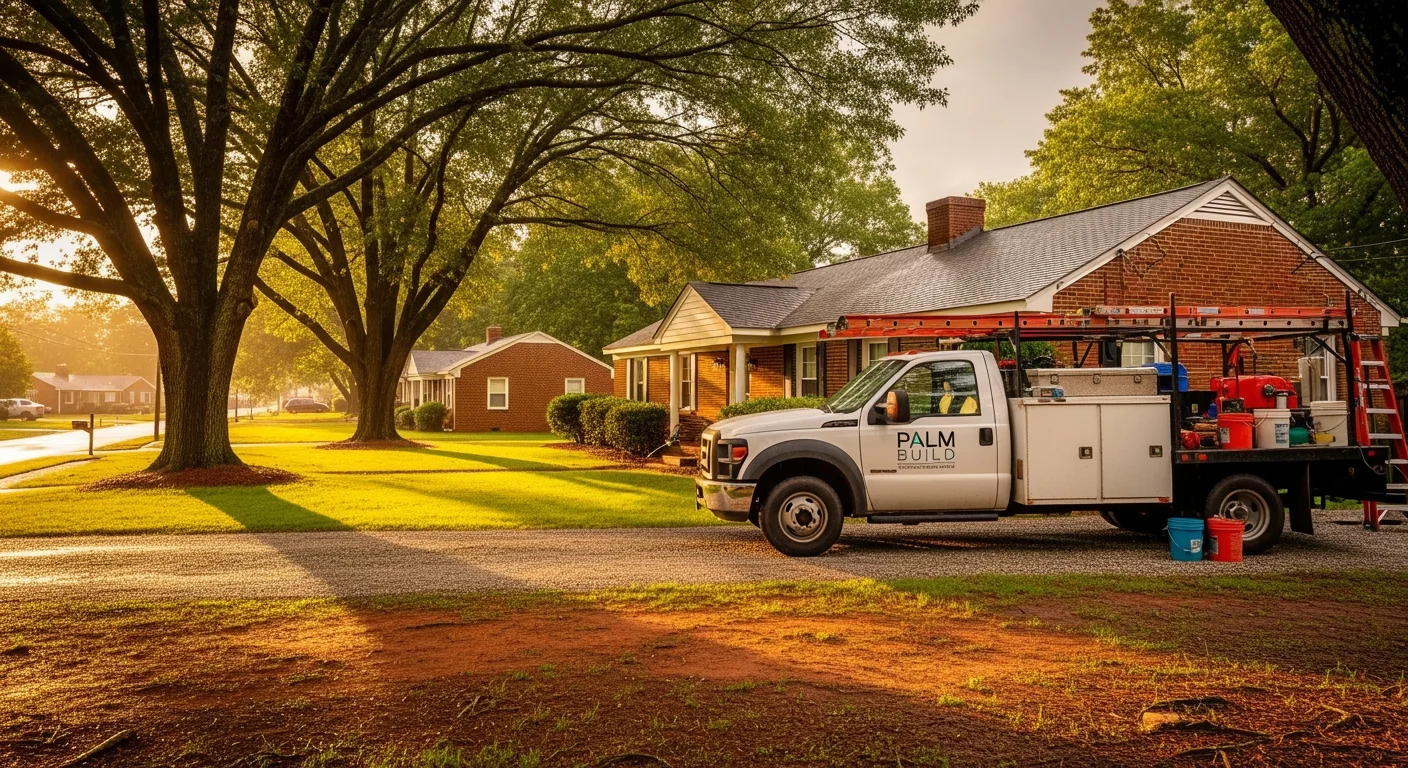 Palm Build restoration truck parked at a brick ranch home in Dallas, North Carolina with red clay soil and mature oak trees visible after rain