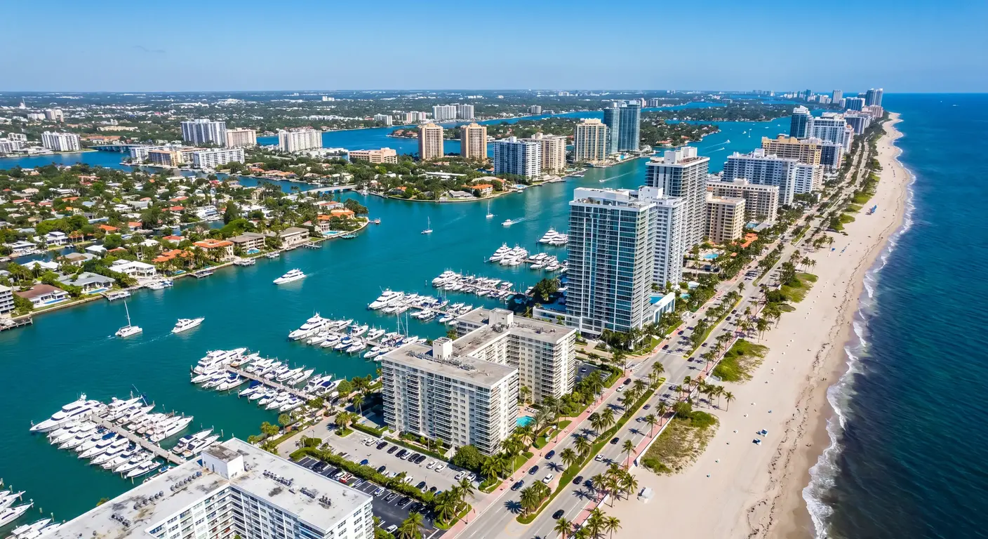 Aerial view of Dania Beach FL showing the Atlantic coastline, Intracoastal Waterway, and Dania Cut-Off Canal flooding pathways