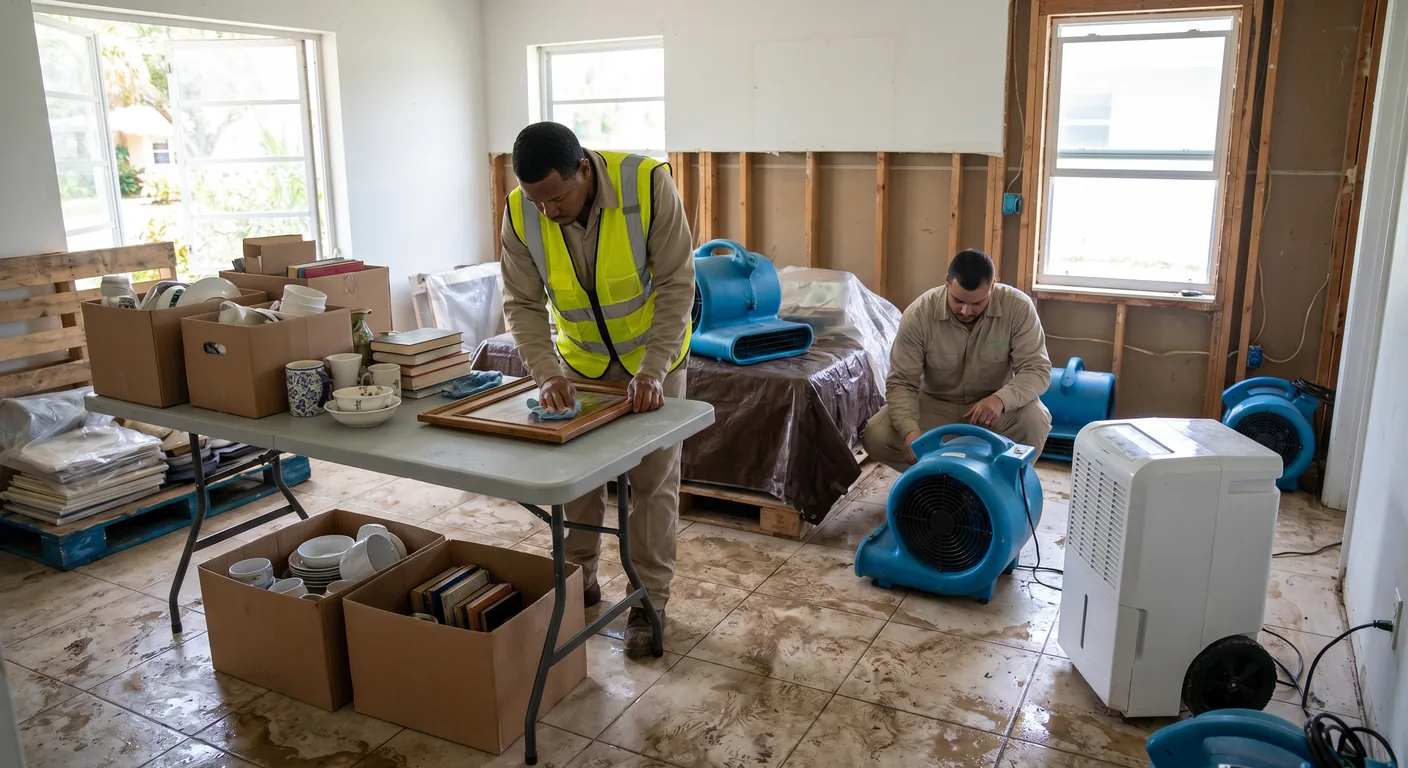 Structural drying equipment and contents cleaning setup in a flood-damaged coastal interior in Dania Beach Florida during active restoration