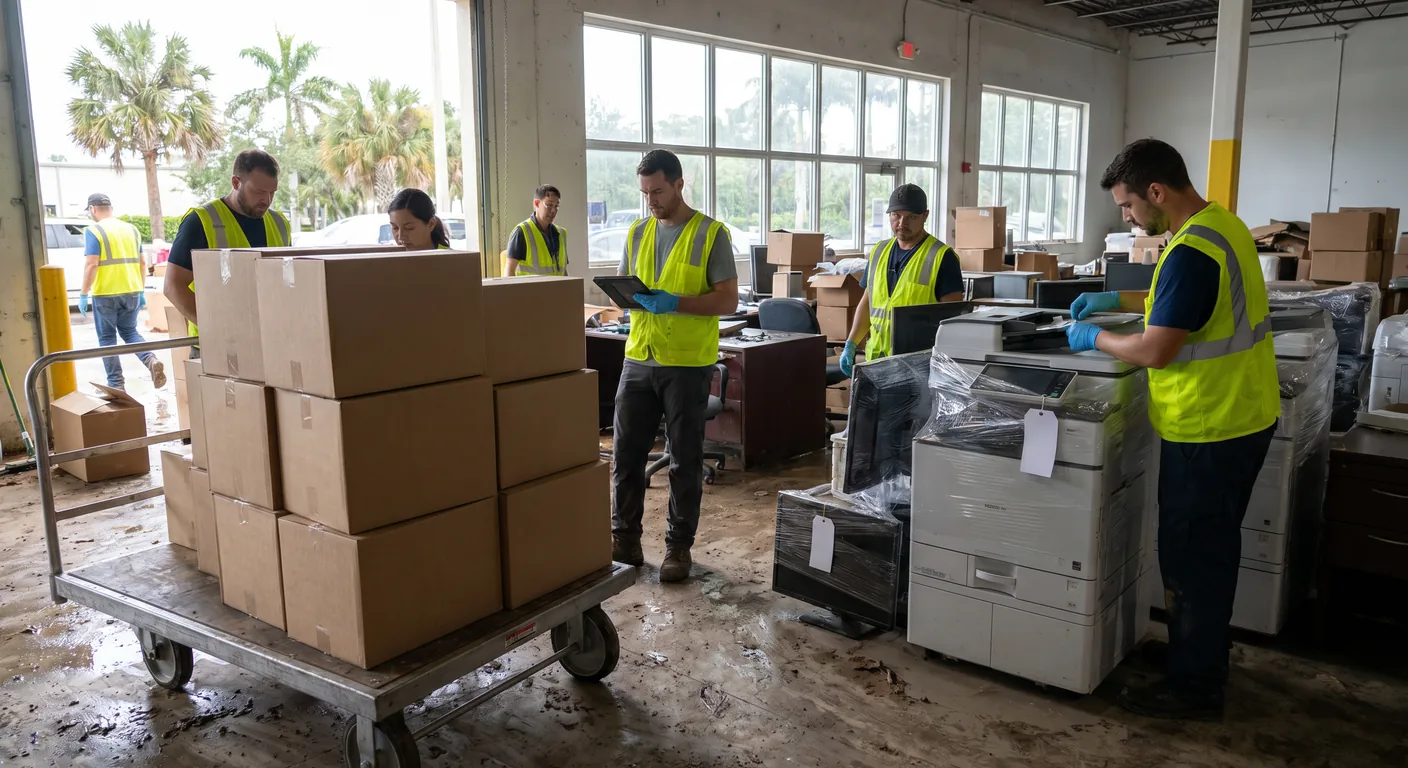 Palm Build technicians documenting and crating contents at a Dania Beach Florida property after coastal storm damage, inventorying residential and commercial items for climate-controlled transport