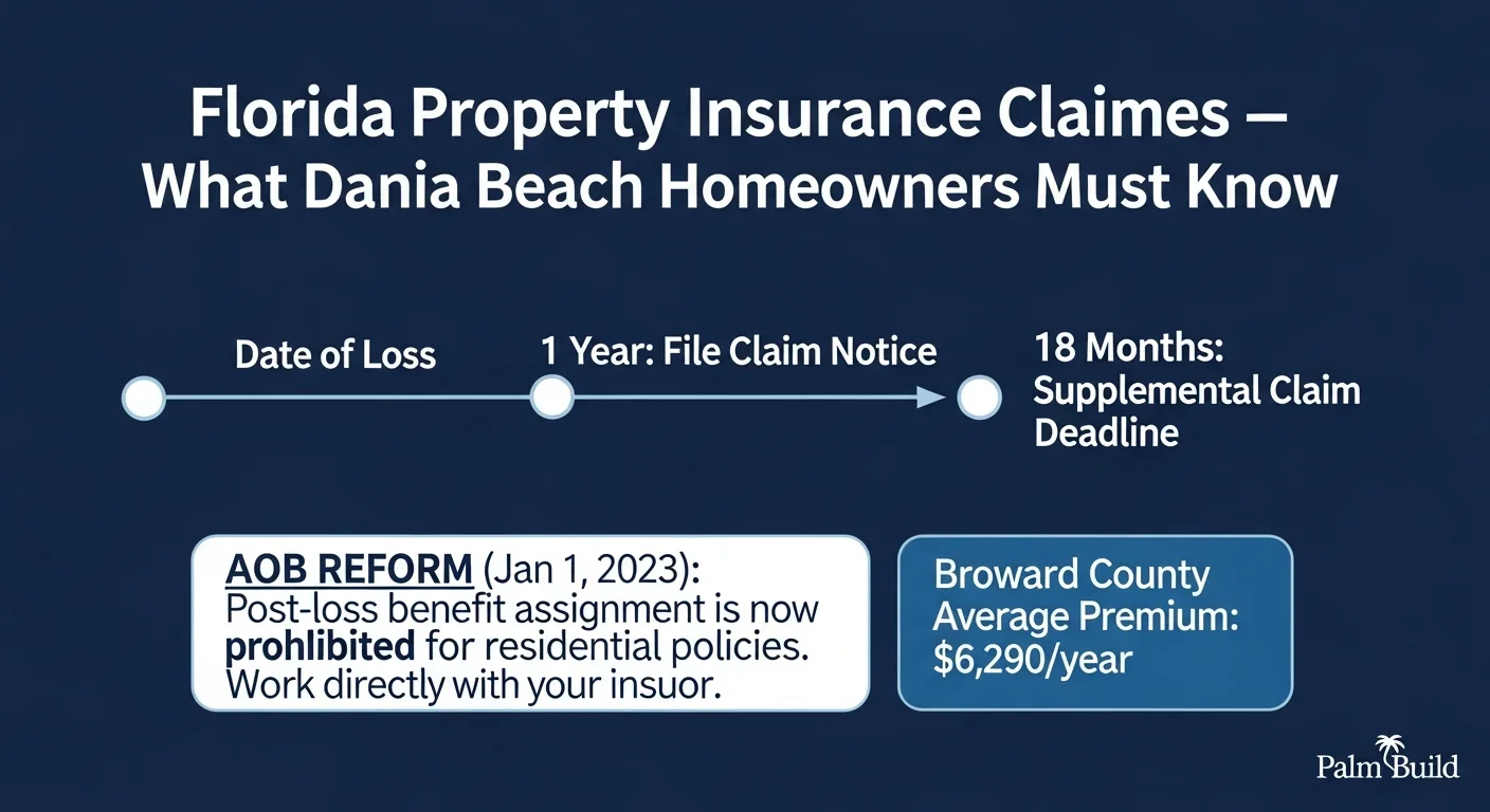 Florida water damage insurance claims timeline infographic for Dania Beach homeowners — 1 year claim notice, 18 month supplemental deadline