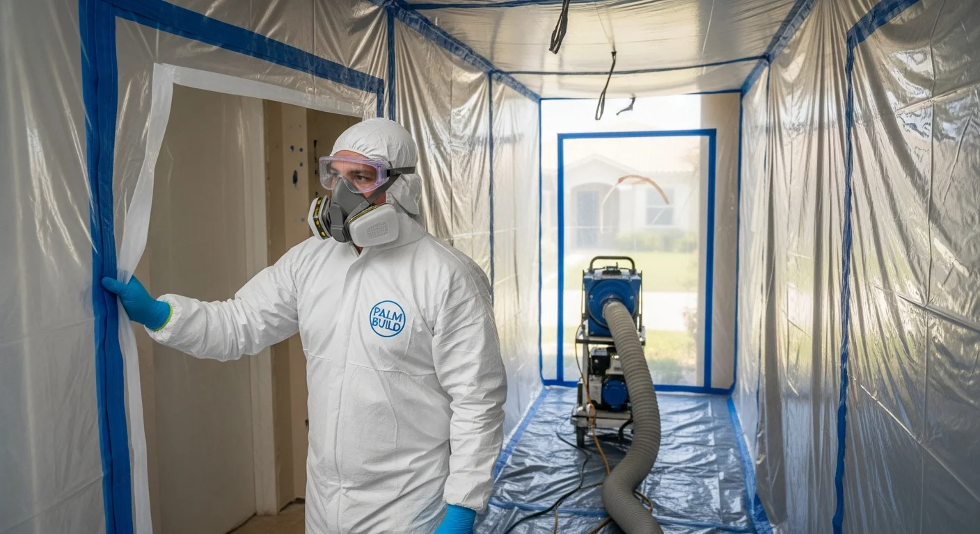 DBPR-licensed Palm Build mold remediation technician in white Tyvek suit setting up containment barriers in a Dania Beach Florida residential home