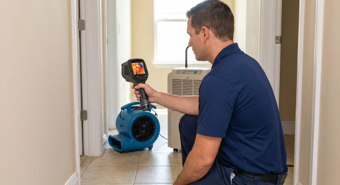 Palm Build technician using FLIR thermal imaging camera to detect hidden moisture in Dania Beach coastal property