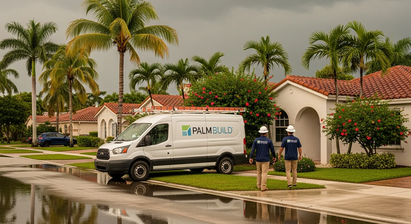 Palm Build restoration van on a Dania Beach Florida residential street with standing water after heavy rainfall, CBS stucco homes with tile roofs visible, South Florida storm sky