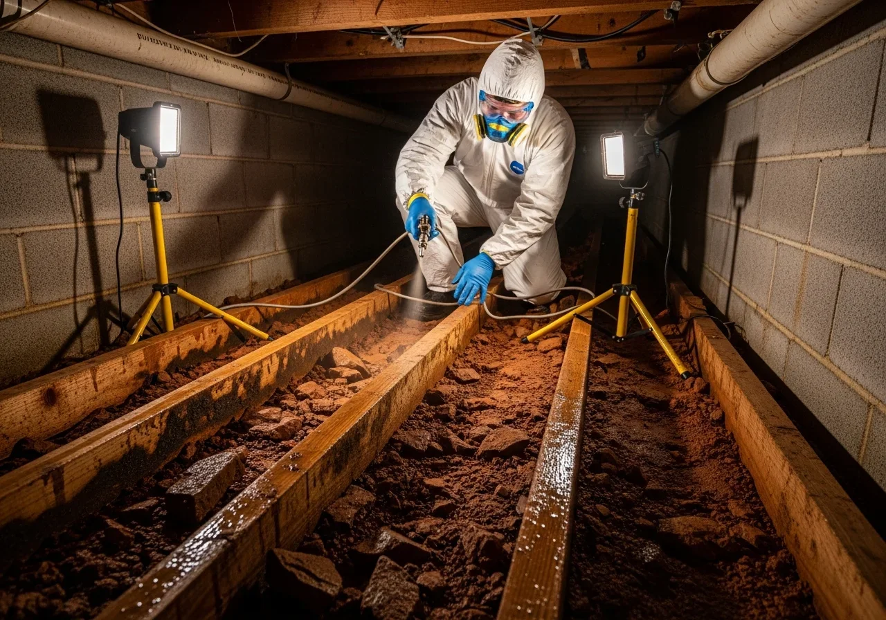 Professional antimicrobial treatment being applied to crawl space framing in a Davidson NC home after mold removal to prevent regrowth in the humid lake-adjacent environment