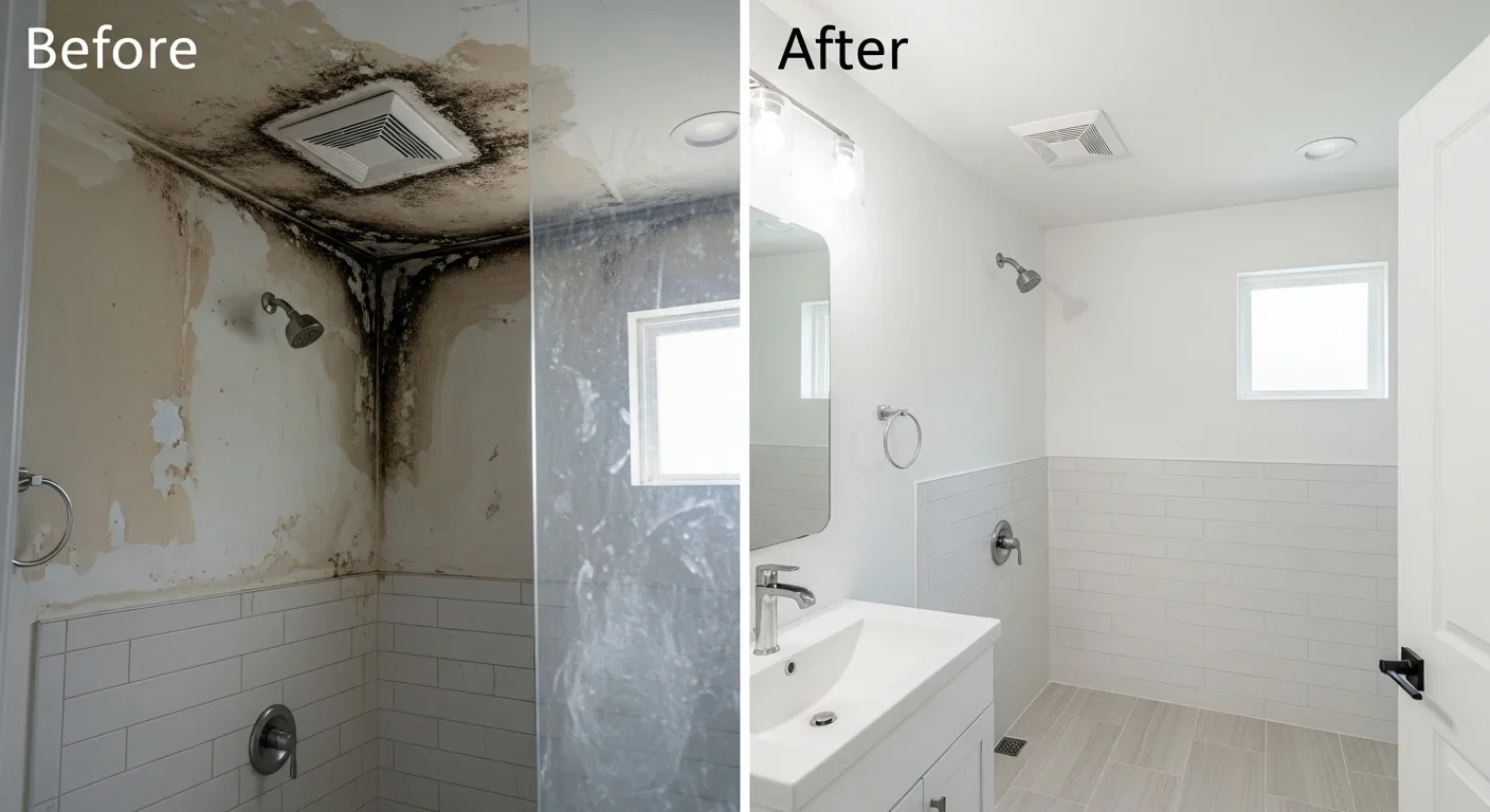 Before and after mold remediation in a Davidson NC home showing contaminated surfaces cleaned and treated to pre-loss condition with independent clearance testing verification