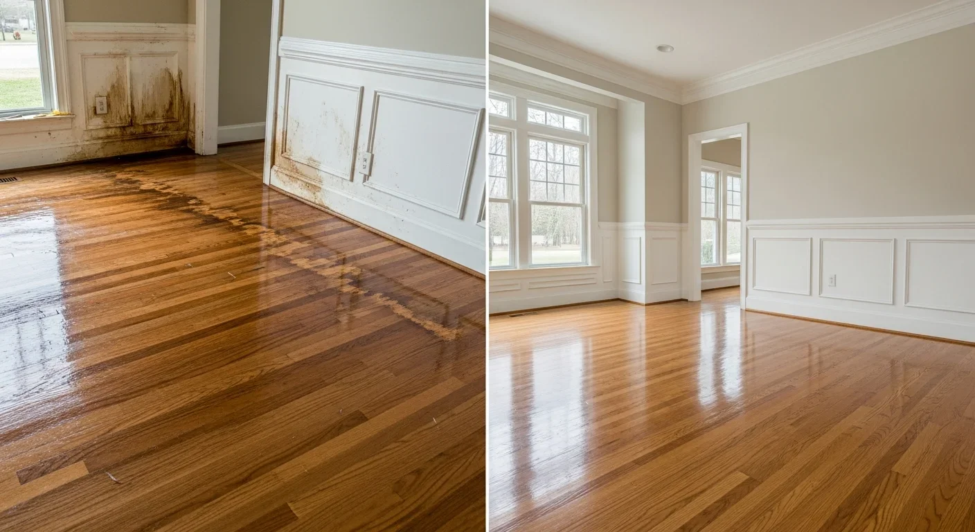 Before and after water damage restoration in a Davidson NC home showing flooring and wall repair with premium finish matching