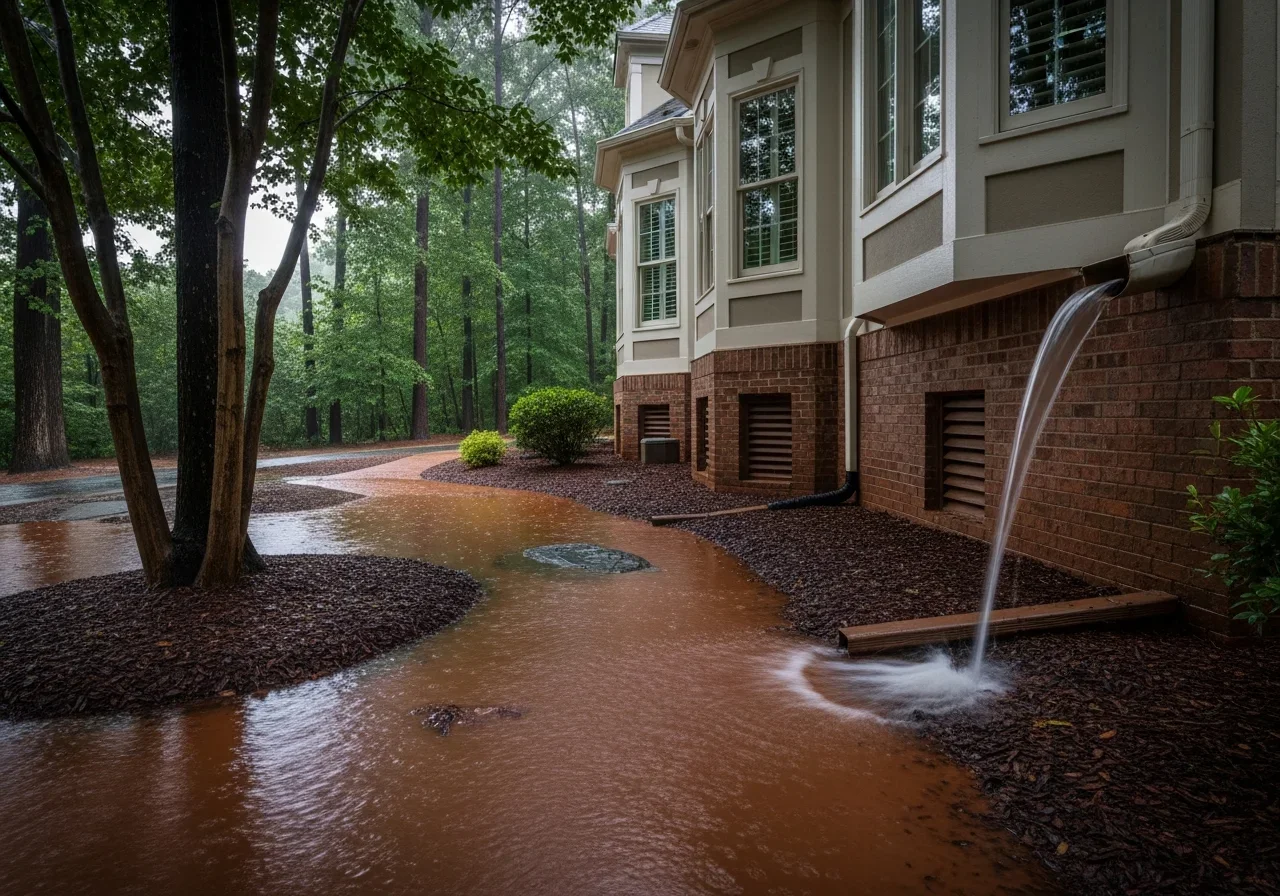 Piedmont clay soil and foundation drainage issues at a Davidson NC home showing water pooling near foundation on heavy clay