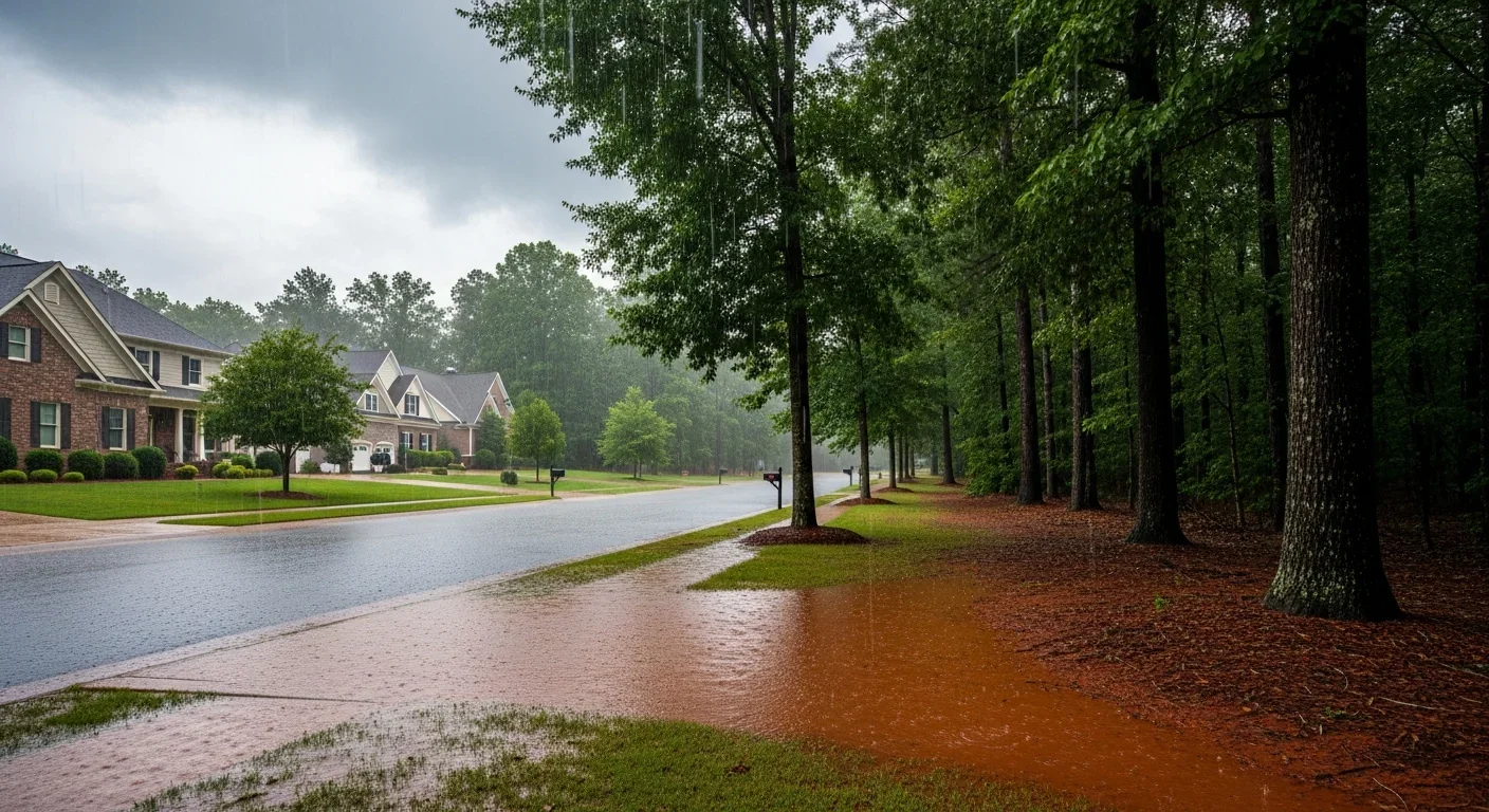 Heavy rain overwhelming drainage systems in a Davidson NC neighborhood with standing water near residential foundations
